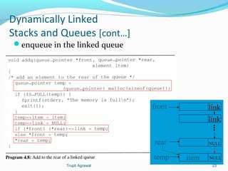 Dynamically Linked 
Stacks and Queues [cont…] 
enqueue in the linked queue 
front link 
... 
NULL 
temp item 
link 
rear 
NULL 
Trupti Agrawal 23 
 