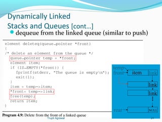 Dynamically Linked 
Stacks and Queues [cont…] 
dequeue from the linked queue (similar to push) 
front item link 
link 
link 
... 
NULL 
temp 
rear 
Trupti Agrawal 24 
 