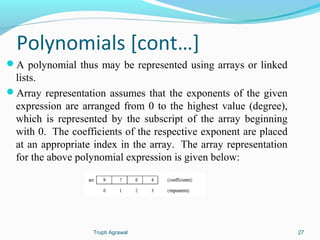 Polynomials [cont…] 
A polynomial thus may be represented using arrays or linked 
lists. 
Array representation assumes that the exponents of the given 
expression are arranged from 0 to the highest value (degree), 
which is represented by the subscript of the array beginning 
with 0. The coefficients of the respective exponent are placed 
at an appropriate index in the array. The array representation 
for the above polynomial expression is given below: 
Trupti Agrawal 27 
 