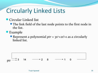 Circularly Linked Lists 
Circular Linked list 
The link field of the last node points to the first node in 
the list. 
Example 
Represent a polynomial ptr = 3x14+2x8+1 as a circularly 
linked list. 
ptr 33 1144 22 88 11 00 
Trupti Agrawal 35 
 