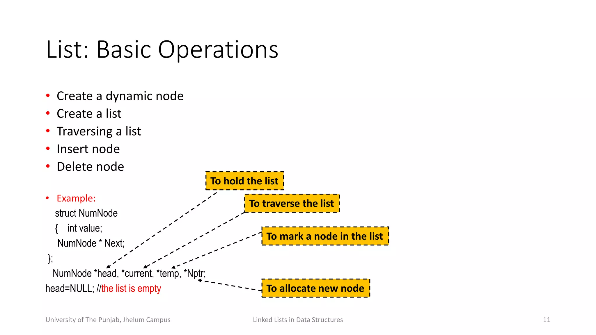 List: Basic Operations
• Create a dynamic node
• Create a list
• Traversing a list
• Insert node
• Delete node
• Example:
struct NumNode
{ int value;
NumNode * Next;
};
NumNode *head, *current, *temp, *Nptr;
head=NULL; //the list is empty
Linked Lists in Data Structures 11
To hold the list
To traverse the list
To mark a node in the list
To allocate new node
University of The Punjab, Jhelum Campus
 