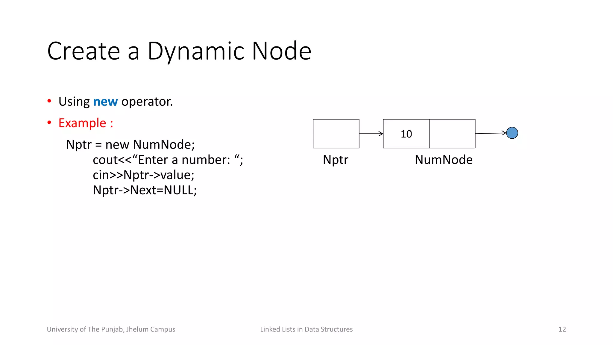Create a Dynamic Node
• Using new operator.
• Example :
Nptr = new NumNode;
cout<<“Enter a number: “; Nptr NumNode
cin>>Nptr->value;
Nptr->Next=NULL;
Linked Lists in Data Structures 12
10
University of The Punjab, Jhelum Campus
 