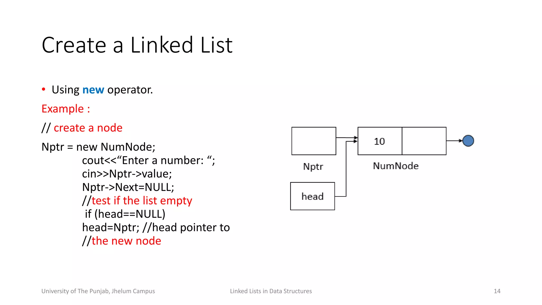 Create a Linked List
• Using new operator.
Example :
// create a node
Nptr = new NumNode;
cout<<“Enter a number: “;
cin>>Nptr->value;
Nptr->Next=NULL;
//test if the list empty
if (head==NULL)
head=Nptr; //head pointer to
//the new node
Linked Lists in Data Structures 14University of The Punjab, Jhelum Campus
 