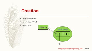 Creation
 new->data=item
 new->link=NULL
 head=new
Computer Science & Engineering , KUET 11/43
X
head
New Node
A
 