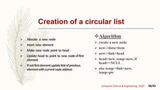  Allocate a new node
 Insert new element
 Make new node point to head
 Update head to point to new nodeoffirst
element
 Ifnotfirstelementupdatelinkofprevious
elementwithcurrentnodeaddress
Algorithm
 create a new node
 new->data=item
 new->link=head
 head=new, temp=new, if
head==NULL
 else temp->link=new,
temp=ptr
Creation of a circular list
Computer Science & Engineering , KUET 38/43
 