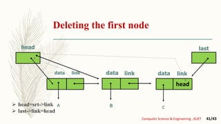 Deleting the first node
head
linklink datadata
head
data link
B CA
Computer Science & Engineering , KUET 41/43
last
 head=srt->link
 last->link=head
 