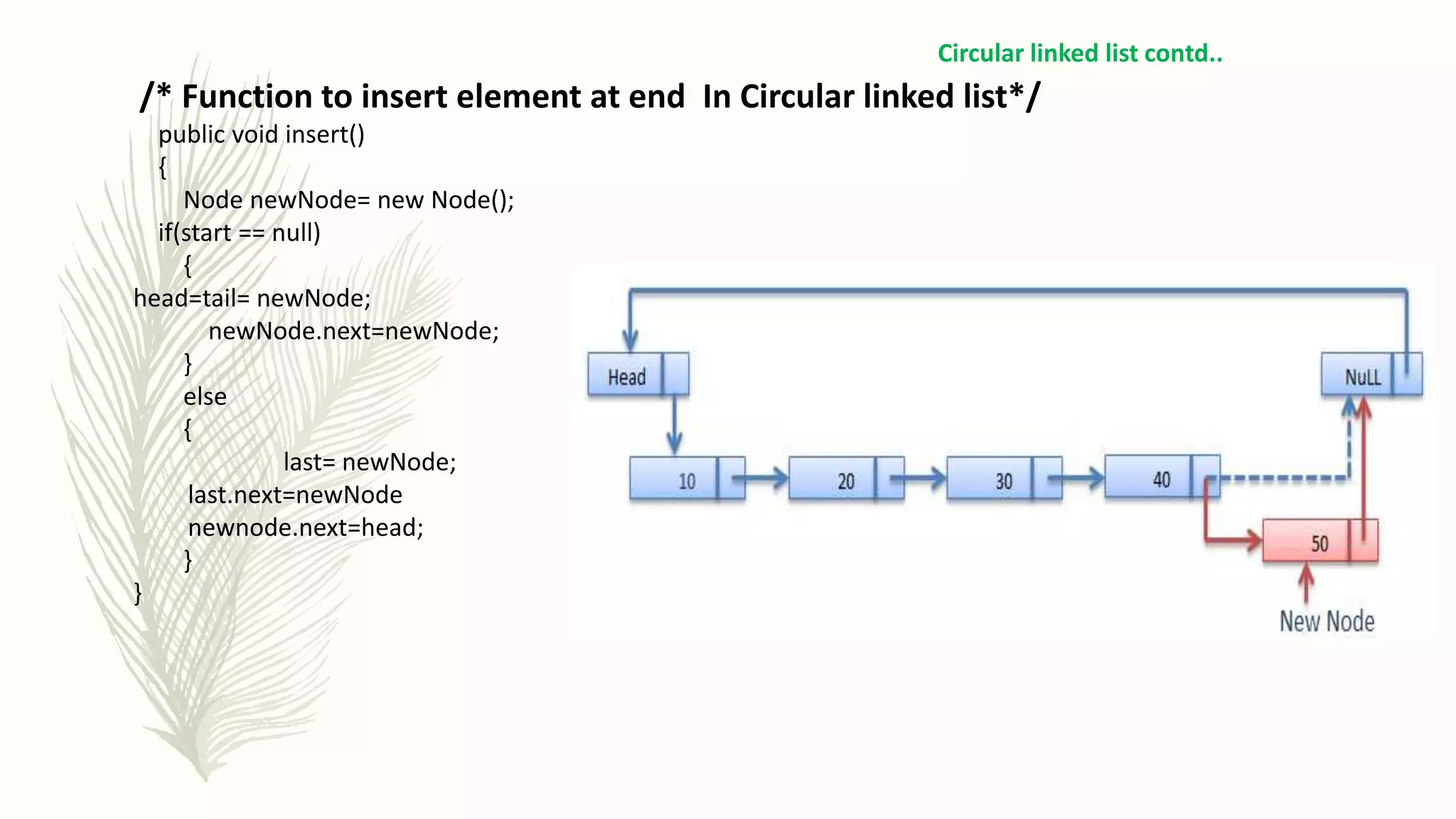 /* Function to insert element at end In Circular linked list*/
public void insert()
{
Node newNode= new Node();
if(start == null)
{
head=tail= newNode;
newNode.next=newNode;
}
else
{
last= newNode;
last.next=newNode
newnode.next=head;
}
}
Circular linked list contd..
 