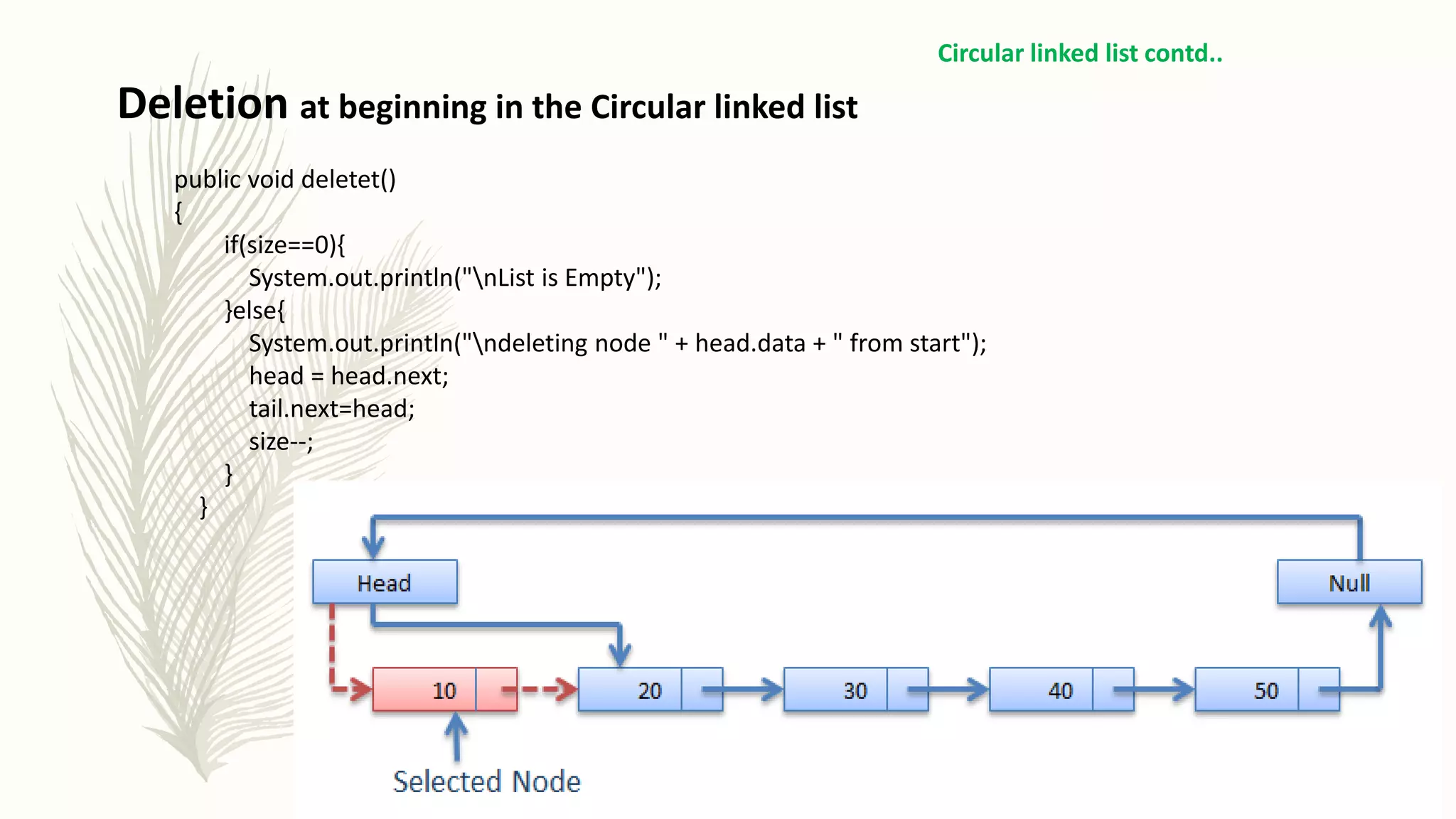 public void deletet()
{
if(size==0){
System.out.println("nList is Empty");
}else{
System.out.println("ndeleting node " + head.data + " from start");
head = head.next;
tail.next=head;
size--;
}
}
Circular linked list contd..
Deletion at beginning in the Circular linked list
 