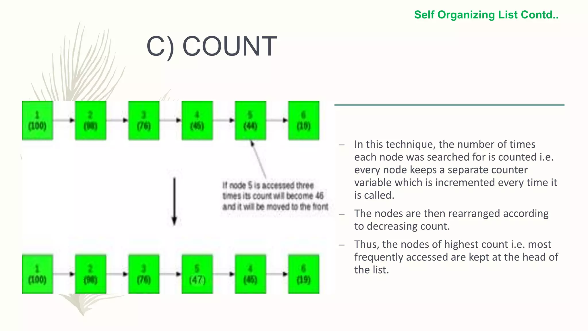 C) COUNT
– In this technique, the number of times
each node was searched for is counted i.e.
every node keeps a separate counter
variable which is incremented every time it
is called.
– The nodes are then rearranged according
to decreasing count.
– Thus, the nodes of highest count i.e. most
frequently accessed are kept at the head of
the list.
Self Organizing List Contd..
 