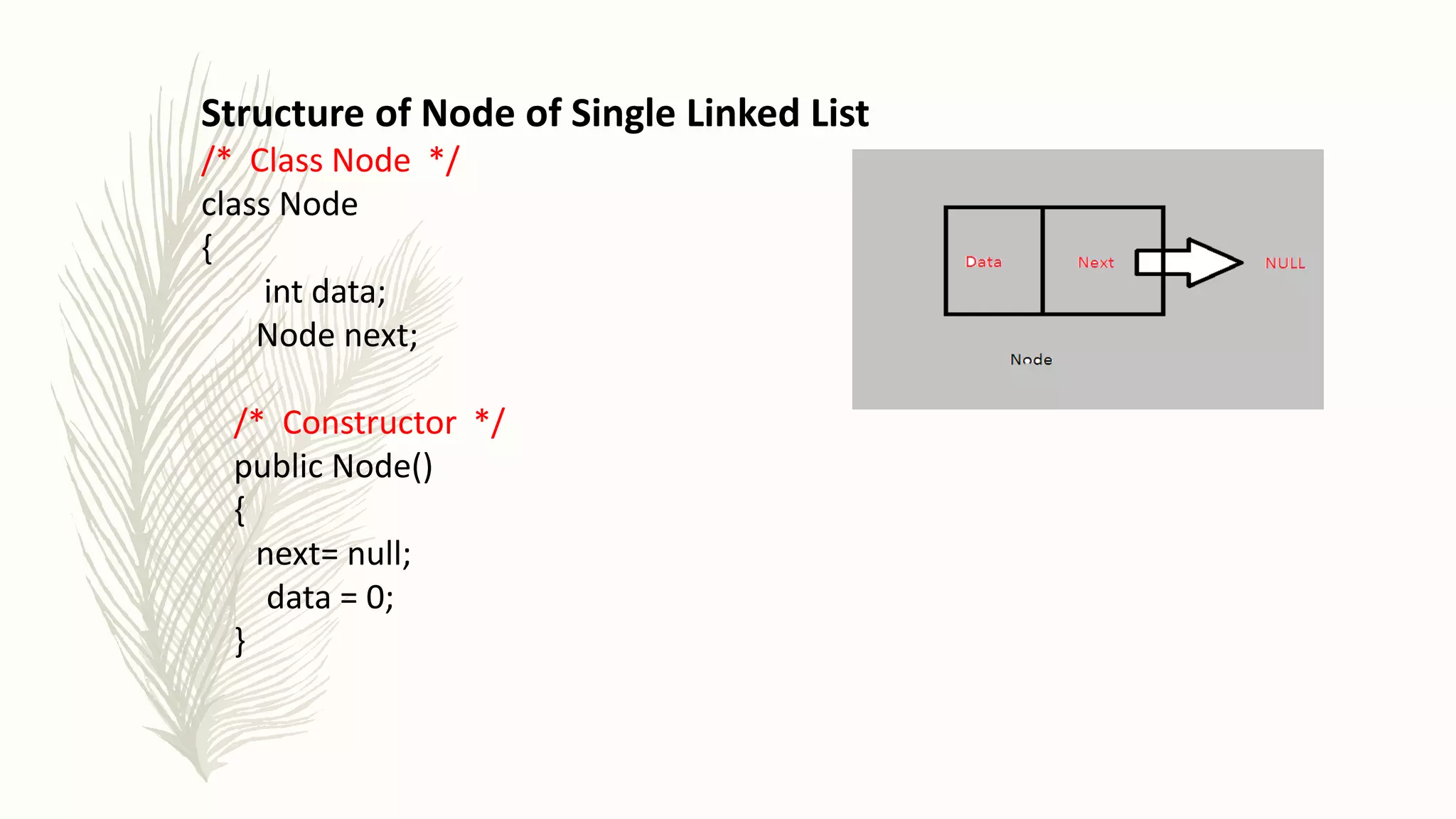 Structure of Node of Single Linked List
/* Class Node */
class Node
{
int data;
Node next;
/* Constructor */
public Node()
{
next= null;
data = 0;
}
 