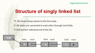 Structure of singly linked list
nextdata
A B C
nextnext datadata
head
 The head always points to the first node .
 All nodes are connected to each other through Link fields.
 Null pointer indicated end of the list.
X
Singly Linked List Contd..
 