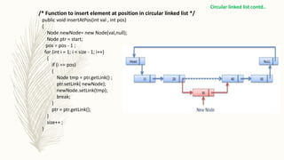 /* Function to insert element at position in circular linked list */
public void insertAtPos(int val , int pos)
{
Node newNode= new Node(val,null);
Node ptr = start;
pos = pos - 1 ;
for (int i = 1; i < size - 1; i++)
{
if (i == pos)
{
Node tmp = ptr.getLink() ;
ptr.setLink( newNode);
newNode.setLink(tmp);
break;
}
ptr = ptr.getLink();
}
size++ ;
}
Circular linked list contd..
 