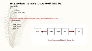 Let’s see how the Node structure will look like
class Node
{
int data;
Node next, prev;
//constructs a new DoublyLinkedList object with head and tail as null
public Node()
{
next = null;
prev = null;
data = 0;
}
 