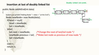 Insertion at last of doubly linked list
Doubly Linked List contd..
public Node addAtEnd(int data)
{
System.out.println("Adding Node " + data + " at the End");
Node newNode= new Node(data);
if(head = =null{
head = newNode;
tail = newNode;
}else{
tail.next = newNode; /*Change the next of last/tail node */
newNode.previous = tail; /*Make last node as previous of new node */
tail =newNode;
}
size++;
return n;
}
 
