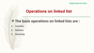 Operations on linked list
The basic operations on linked lists are :
1. Insertion
2. Deletion
3. Searching
Singly Linked List Contd..
 