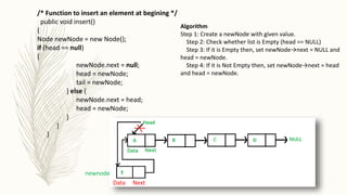 /* Function to insert an element at begining */
public void insert()
{
Node newNode = new Node();
if (head == null)
{
newNode.next = null;
head = newNode;
tail = newNode;
} else {
newNode.next = head;
head = newNode;
}
}
}
newnode
Data Next
Algorithm
Step 1: Create a newNode with given value.
Step 2: Check whether list is Empty (head == NULL)
Step 3: If it is Empty then, set newNode→next = NULL and
head = newNode.
Step 4: If it is Not Empty then, set newNode→next = head
and head = newNode.
 