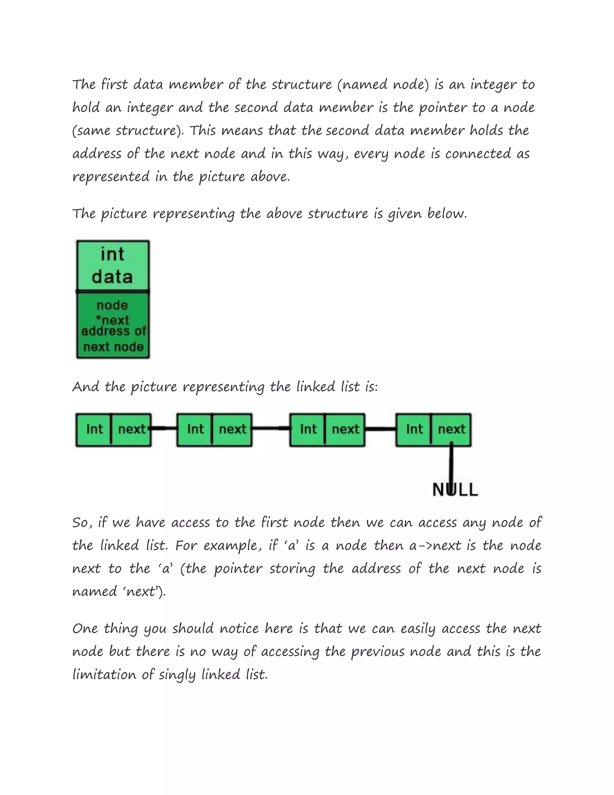 The first data member of the structure (named node) is an integer to
hold an integer and the second data member is the pointer to a node
(same structure). This means that the second data member holds the
address of the next node and in this way, every node is connected as
represented in the picture above.
The picture representing the above structure is given below.
And the picture representing the linked list is:
So, if we have access to the first node then we can access any node of
the linked list. For example, if ‘a’ is a node then a->next is the node
next to the ‘a’ (the pointer storing the address of the next node is
named ‘next’).
One thing you should notice here is that we can easily access the next
node but there is no way of accessing the previous node and this is the
limitation of singly linked list.
 