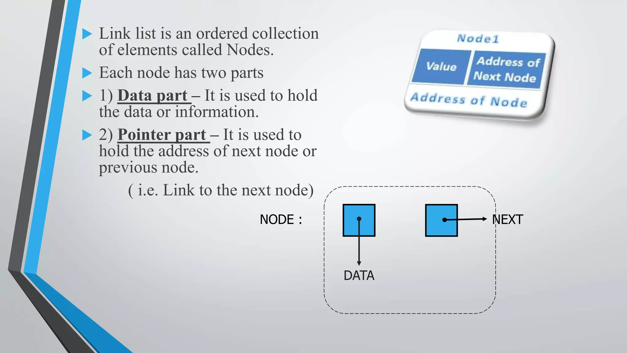 Link list is an ordered collection
of elements called Nodes.
 Each node has two parts
 1) Data part – It is used to hold
the data or information.
 2) Pointer part – It is used to
hold the address of next node or
previous node.
( i.e. Link to the next node)
NODE :
DATA
NEXT
 