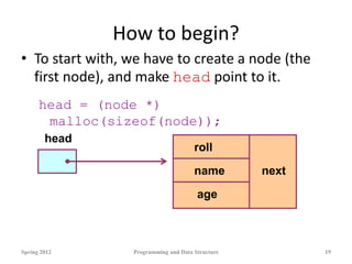 How to begin?
• To start with, we have to create a node (the
first node), and make head point to it.
head = (node *)
malloc(sizeof(node));
Spring 2012 Programming and Data Structure 19
head
age
name
roll
next
 