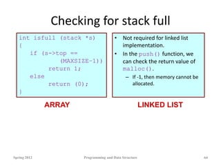 Checking for stack full
int isfull (stack *s)
{
if (s->top ==
(MAXSIZE–1))
return 1;
else
return (0);
}
• Not required for linked list
implementation.
• In the push() function, we
can check the return value of
malloc().
– If -1, then memory cannot be
allocated.
Spring 2012 Programming and Data Structure 64
ARRAY LINKED LIST
 