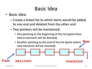 Basic Idea
• Basic idea:
– Create a linked list to which items would be added
to one end and deleted from the other end.
– Two pointers will be maintained:
• One pointing to the beginning of the list (point from
where elements will be deleted).
• Another pointing to the end of the list (point where
new elements will be inserted).
Spring 2012 Programming and Data Structure 68
Front
Rear
DELETION INSERTION
 