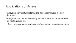 Applications of Arrays
• Arrays are very useful in storing the data in continuous memory
locations.
• Arrays are used for implementing various other data structures such
as stacks,queues etc.
• Arrays are very useful as we can perform various operation on them.
 