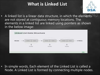 What is Linked List
• A linked list is a linear data structure, in which the elements
are not stored at contiguous memory locations. The
elements in a linked list are linked using pointers as shown
in the below image:
• In simple words, Each element of the Linked List is called a
Node. A Linked List is formed by connecting multiple nodes.
 