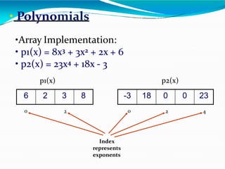 • Polynomials
6 2 3 8
0 2
Index
represents
exponents
-3 18 0 0 23
0 4
2
•Array Implementation:
• p1(x) = 8x3 + 3x2 + 2x + 6
• p2(x) = 23x4 + 18x - 3
p1(x) p2(x)
 