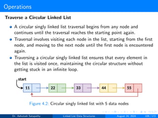 Operations
Traverse a Circular Linked List
A circular singly linked list traversal begins from any node and
continues until the traversal reaches the starting point again.
Traversal involves visiting each node in the list, starting from the first
node, and moving to the next node until the first node is encountered
again.
Traversing a circular singly linked list ensures that every element in
the list is visited once, maintaining the circular structure without
getting stuck in an infinite loop.
Figure 4.2: Circular singly linked list with 5 data nodes
Dr. Ashutosh Satapathy Linked List Data Structures August 24, 2024 109 / 172
 