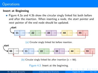 Operations
Insert at Beginning
Figure 4.3a and 4.3b show the circular singly linked list both before
and after the insertion. When inserting a node, the start pointer and
next pointer of the end node should be updated.
(a) Circular singly linked list before insertion.
(b) Circular singly linked list after insertion (x = 66).
Figure 4.3: Insert at the beginning.
Dr. Ashutosh Satapathy Linked List Data Structures August 24, 2024 111 / 172
 
