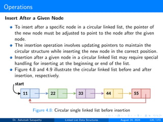 Operations
Insert After a Given Node
To insert after a specific node in a circular linked list, the pointer of
the new node must be adjusted to point to the node after the given
node.
The insertion operation involves updating pointers to maintain the
circular structure while inserting the new node in the correct position.
Insertion after a given node in a circular linked list may require special
handling for inserting at the beginning or end of the list.
Figure 4.8 and 4.9 illustrate the circular linked list before and after
insertion, respectively.
Figure 4.8: Circular single linked list before insertion
Dr. Ashutosh Satapathy Linked List Data Structures August 24, 2024 120 / 172
 