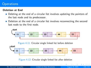 Operations
Deletion at End
Deleting at the end of a circular list involves updating the pointers of
the last node and its predecessor.
Deletion at the end of a circular list involves reconnecting the second
last node to the first node.
Figure 4.11: Circular single linked list before deletion
Figure 4.12: Circular single linked list after deletion
Dr. Ashutosh Satapathy Linked List Data Structures August 24, 2024 126 / 172
 