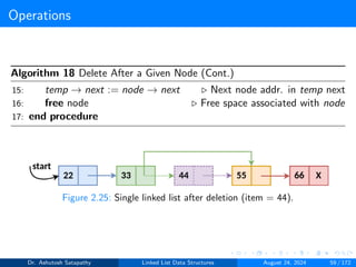 Operations
Algorithm 18 Delete After a Given Node (Cont.)
15: temp → next := node → next ▷ Next node addr. in temp next
16: free node ▷ Free space associated with node
17: end procedure
Figure 2.25: Single linked list after deletion (item = 44).
Dr. Ashutosh Satapathy Linked List Data Structures August 24, 2024 59 / 172
 
