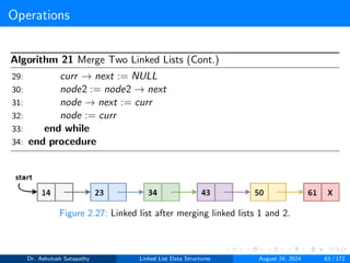 Operations
Algorithm 21 Merge Two Linked Lists (Cont.)
29: curr → next := NULL
30: node2 := node2 → next
31: node → next := curr
32: node := curr
33: end while
34: end procedure
Figure 2.27: Linked list after merging linked lists 1 and 2.
Dr. Ashutosh Satapathy Linked List Data Structures August 24, 2024 63 / 172
 