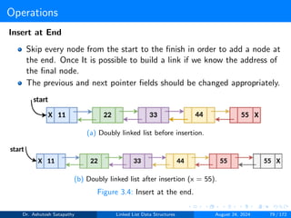 Operations
Insert at End
Skip every node from the start to the finish in order to add a node at
the end. Once It is possible to build a link if we know the address of
the final node.
The previous and next pointer fields should be changed appropriately.
(a) Doubly linked list before insertion.
(b) Doubly linked list after insertion (x = 55).
Figure 3.4: Insert at the end.
Dr. Ashutosh Satapathy Linked List Data Structures August 24, 2024 79 / 172
 
