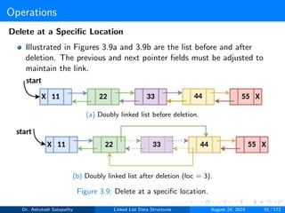 Operations
Delete at a Specific Location
Illustrated in Figures 3.9a and 3.9b are the list before and after
deletion. The previous and next pointer fields must be adjusted to
maintain the link.
(a) Doubly linked list before deletion.
(b) Doubly linked list after deletion (loc = 3).
Figure 3.9: Delete at a specific location.
Dr. Ashutosh Satapathy Linked List Data Structures August 24, 2024 91 / 172
 