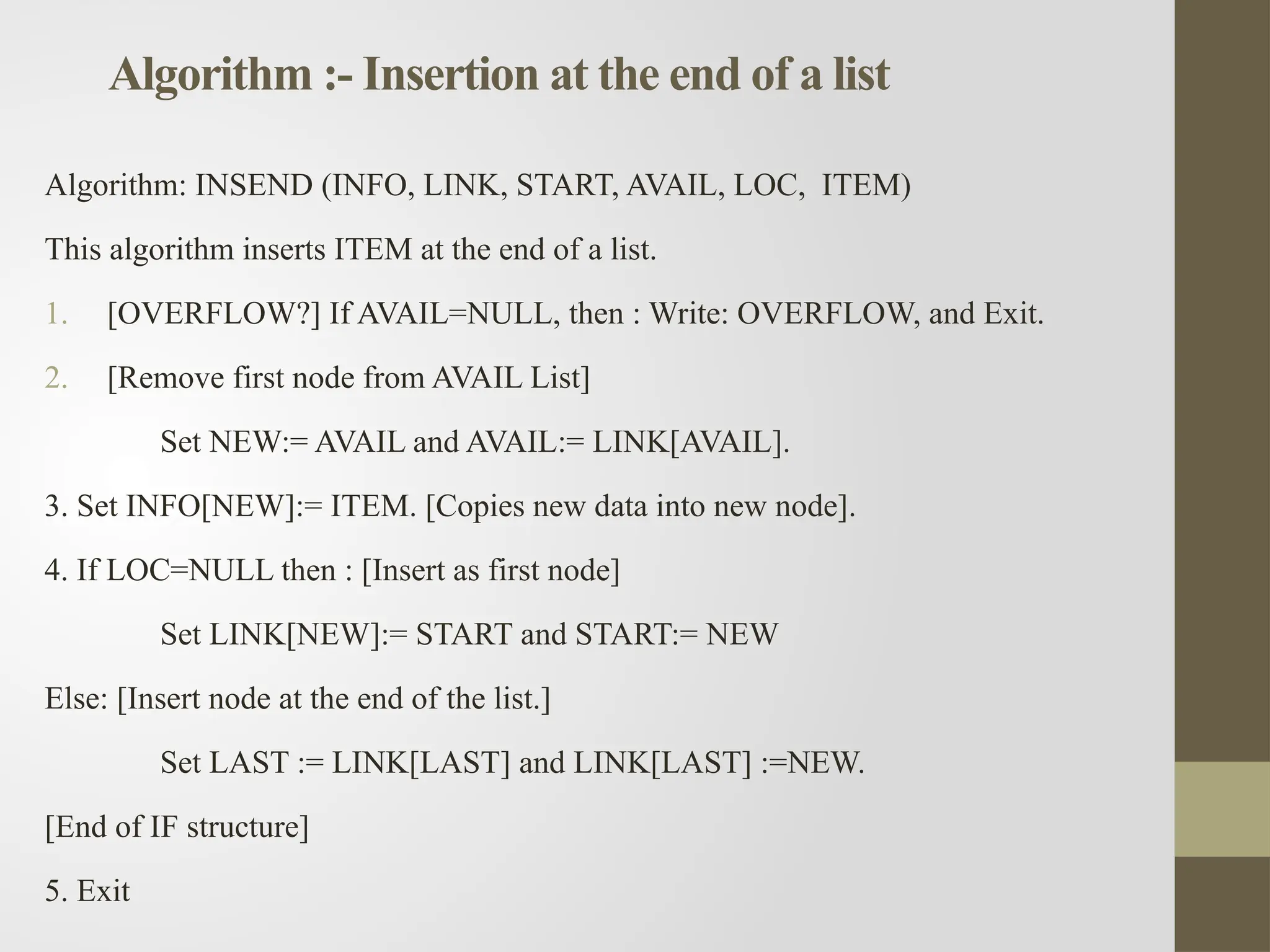 Algorithm :- Insertion at the end of a list
Algorithm: INSEND (INFO, LINK, START, AVAIL, LOC, ITEM)
This algorithm inserts ITEM at the end of a list.
1. [OVERFLOW?] If AVAIL=NULL, then : Write: OVERFLOW, and Exit.
2. [Remove first node from AVAIL List]
Set NEW:= AVAIL and AVAIL:= LINK[AVAIL].
3. Set INFO[NEW]:= ITEM. [Copies new data into new node].
4. If LOC=NULL then : [Insert as first node]
Set LINK[NEW]:= START and START:= NEW
Else: [Insert node at the end of the list.]
Set LAST := LINK[LAST] and LINK[LAST] :=NEW.
[End of IF structure]
5. Exit
 
