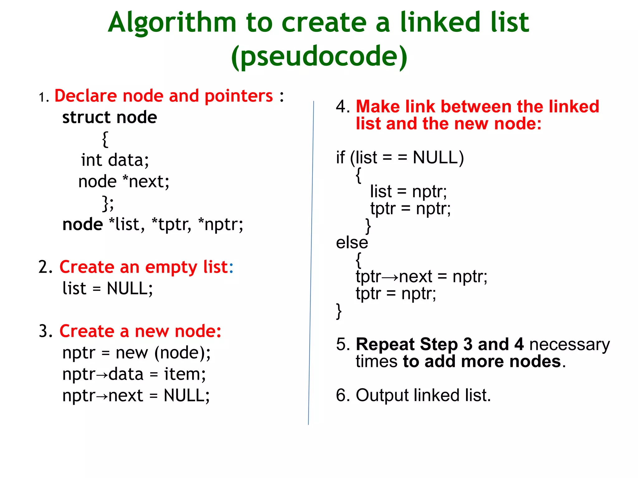 Algorithm to create a linked list (pseudocode) 1. Declare node and pointers : struct node { int data; node *next; }; node *list, *tptr, *nptr; 2. Create an empty list: list = NULL; 3. Create a new node: nptr = new (node); nptr data = item;→ nptr next = NULL;→ 4. Make link between the linked list and the new node: if (list = = NULL) { list = nptr; tptr = nptr; } else { tptr→next = nptr; tptr = nptr; } 5. Repeat Step 3 and 4 necessary times to add more nodes. 6. Output linked list. 