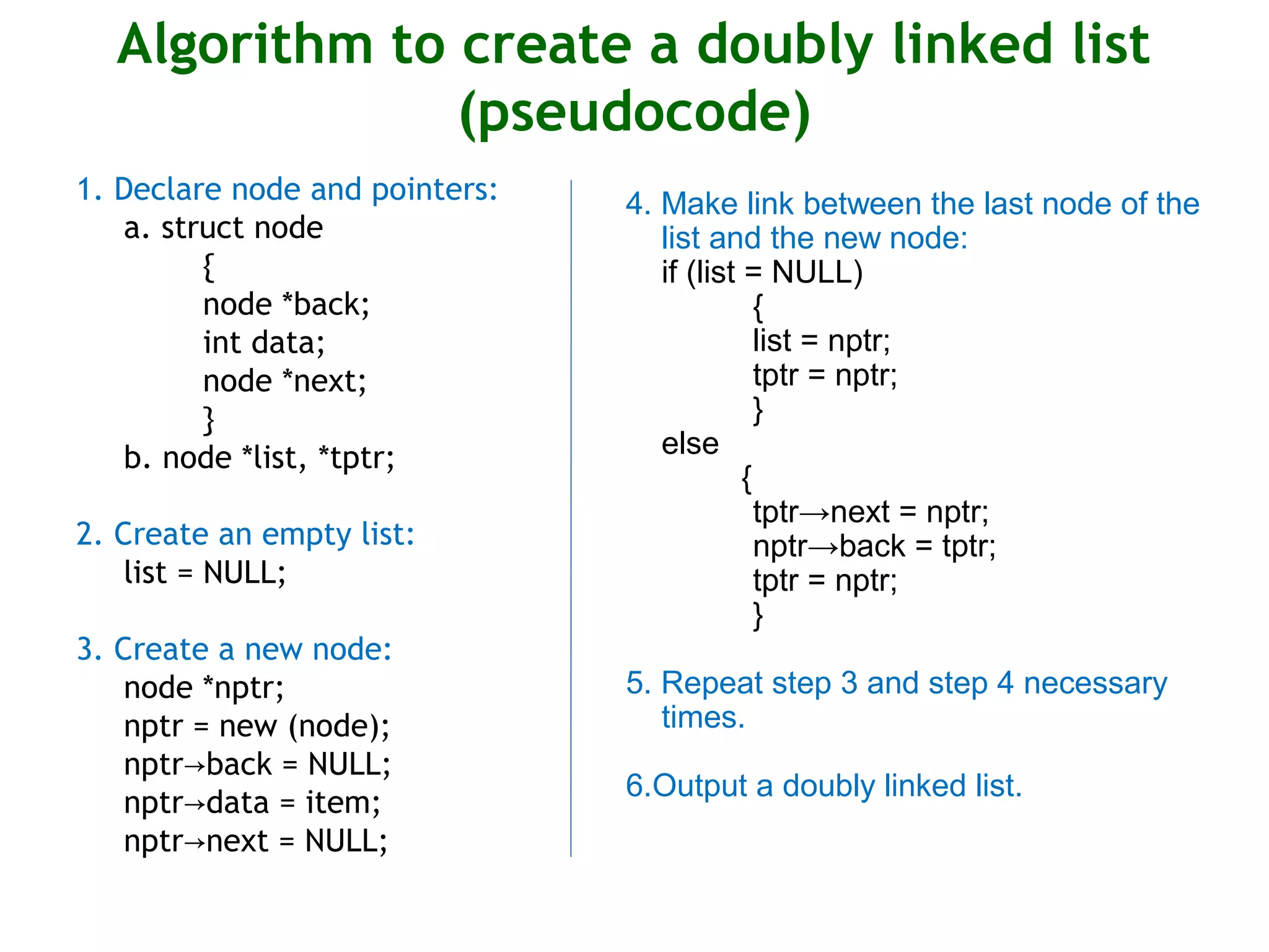 Algorithm to create a doubly linked list (pseudocode) 1. Declare node and pointers: a. struct node { node *back; int data; node *next; } b. node *list, *tptr; 2. Create an empty list: list = NULL; 3. Create a new node: node *nptr; nptr = new (node); nptr back = NULL;→ nptr data = item;→ nptr next = NULL;→ 4. Make link between the last node of the list and the new node: if (list = NULL) { list = nptr; tptr = nptr; } else { tptr→next = nptr; nptr→back = tptr; tptr = nptr; } 5. Repeat step 3 and step 4 necessary times. 6.Output a doubly linked list. 