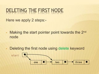 DELETING THE FIRST NODE
three
two
one
Here we apply 2 steps:-
 Making the start pointer point towards the 2nd
node
 Deleting the first node using delete keyword
s t a r t
 
