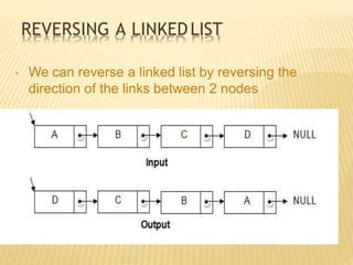 REVERSING A LINKEDLIST
• We can reverse a linked list by reversing the
direction of the links between 2 nodes
 