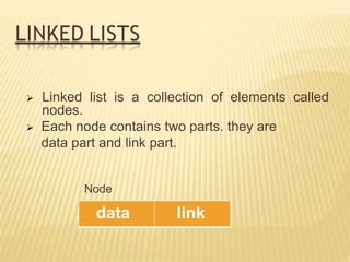 LINKED LISTS
 Linked list is a collection of elements called
nodes.
 Each node contains two parts. they are
data part and link part.
Node
data link
 