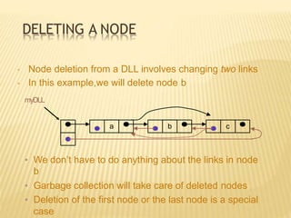 DELETING A NODE
• Node deletion from a DLL involves changing two links
• In this example,we will delete node b
myDLL
a b c
• We don’t have to do anything about the links in node
b
• Garbage collection will take care of deleted nodes
• Deletion of the first node or the last node is a special
case
 