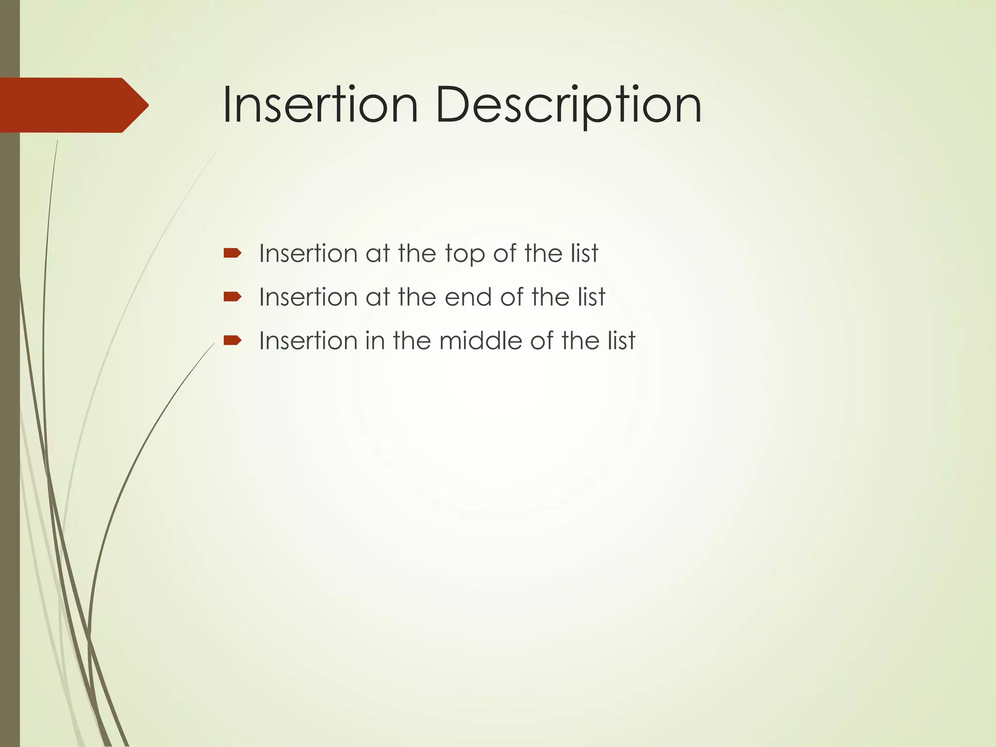 Insertion Description
 Insertion at the top of the list
 Insertion at the end of the list
 Insertion in the middle of the list
 