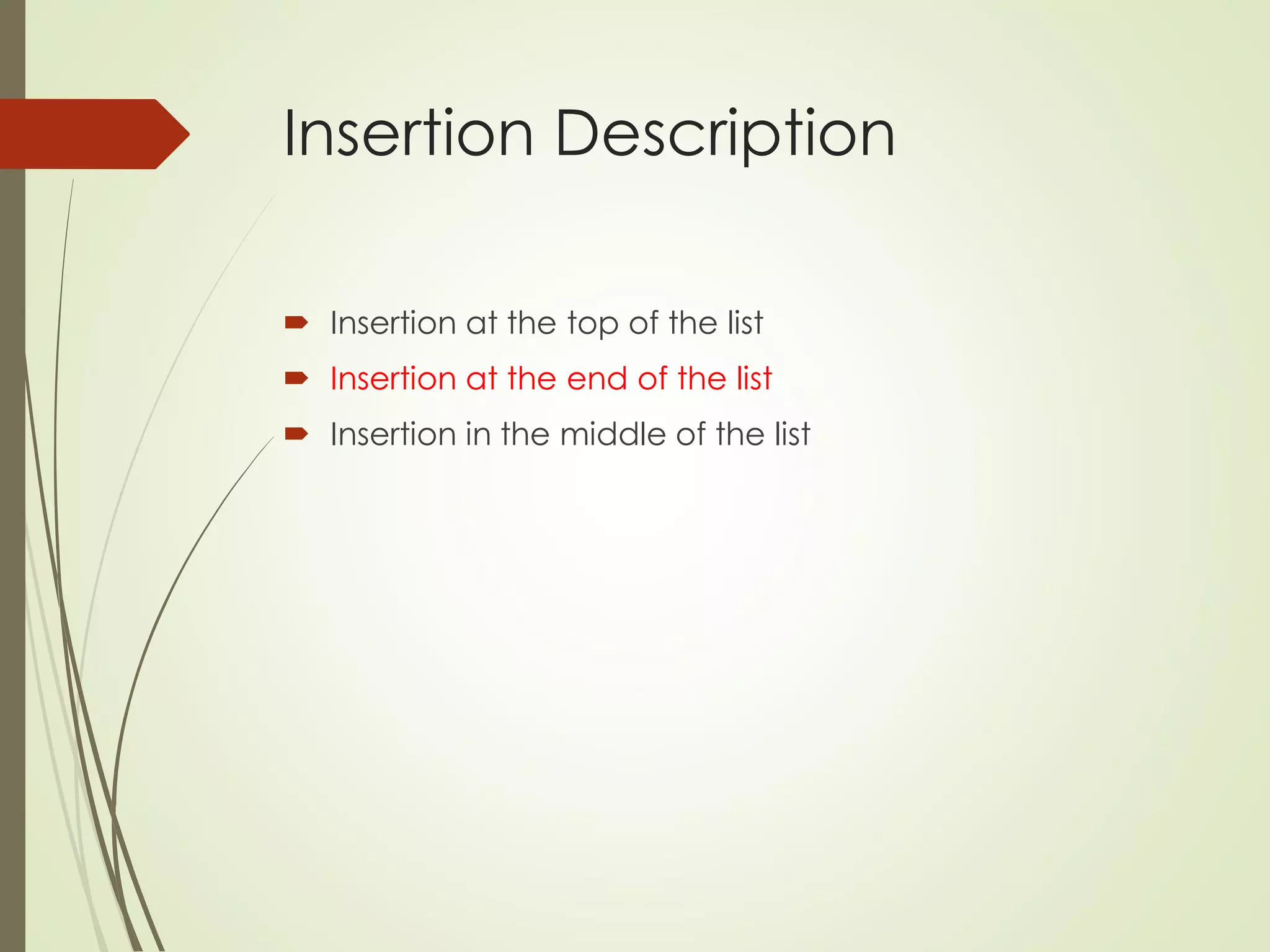 Insertion Description
 Insertion at the top of the list
 Insertion at the end of the list
 Insertion in the middle of the list
 