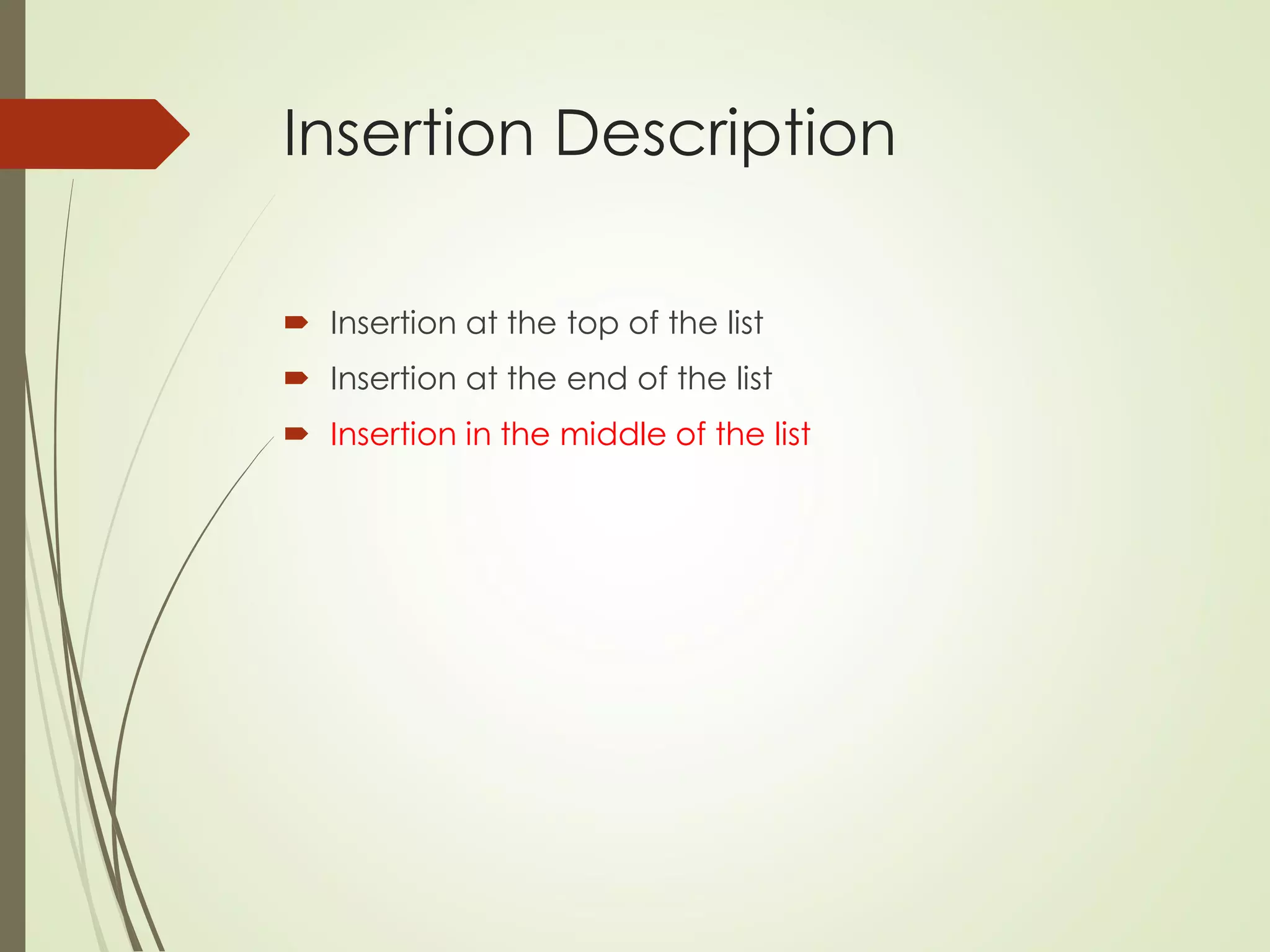 Insertion Description
 Insertion at the top of the list
 Insertion at the end of the list
 Insertion in the middle of the list
 