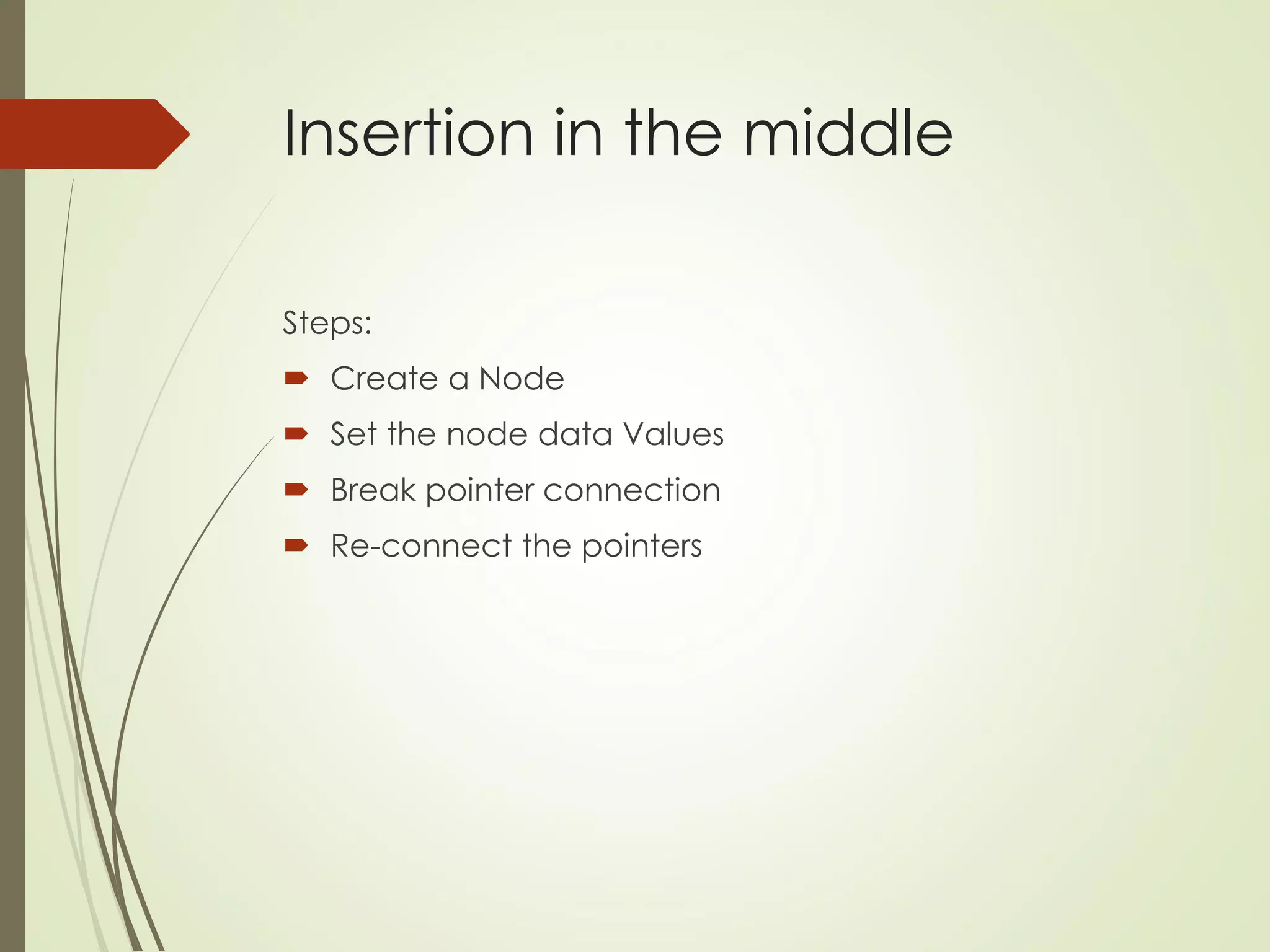 Insertion in the middle
Steps:
 Create a Node
 Set the node data Values
 Break pointer connection
 Re-connect the pointers
 