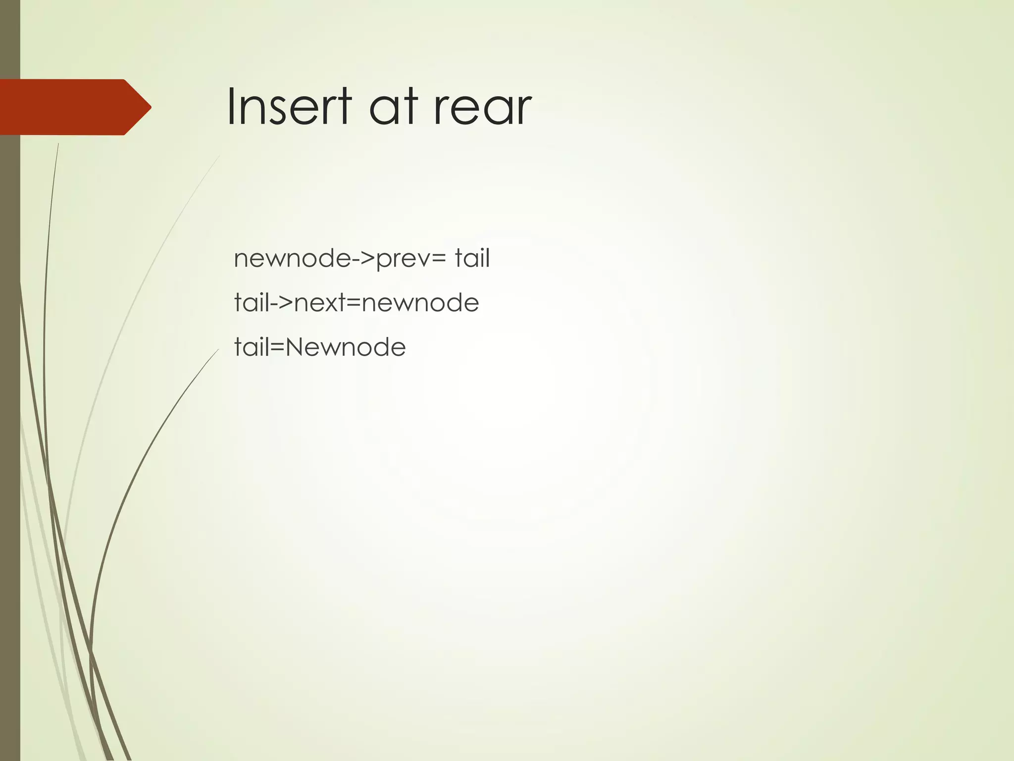 Insert at rear
newnode->prev= tail
tail->next=newnode
tail=Newnode
 