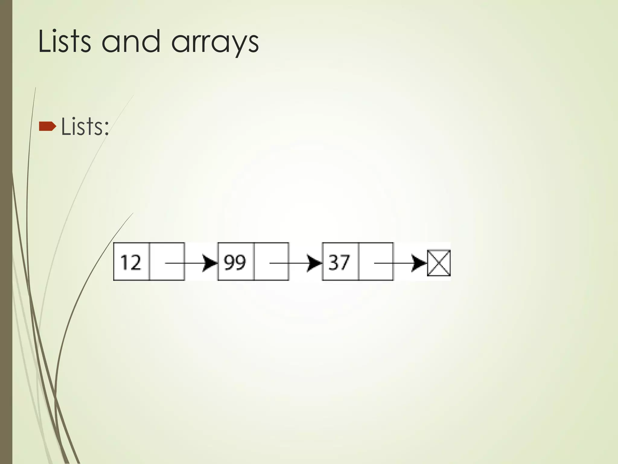 Lists and arrays
Lists:
 