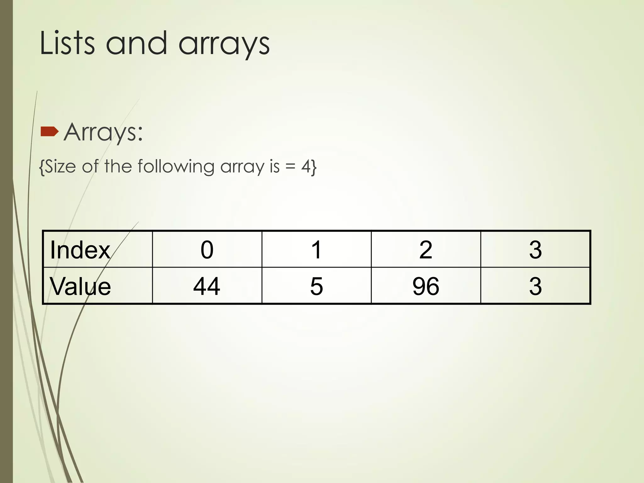 Lists and arrays
Arrays:
{Size of the following array is = 4}
Index 0 1 2 3
Value 44 5 96 3
 